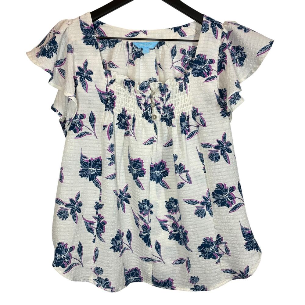 Draper James Top Flutter Sleeves Floral Blue Purple Off White Womens Size Small